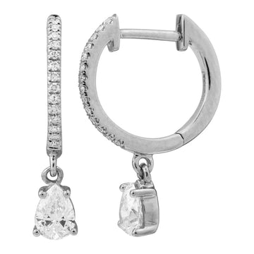 14k White Gold Pear Diamond Drop Huggie Earrings