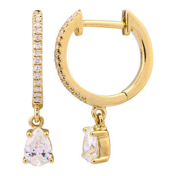 14k Yellow Gold Pear Diamond Drop Huggie Earrings