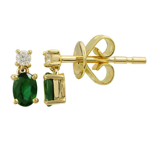 14k Yellow Gold Emerald Diamond Stud Earrings