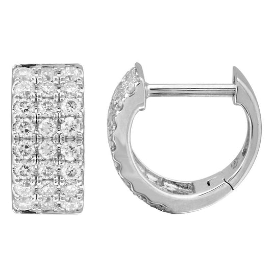 14k White Gold Chunky Triple Row Diamond Huggie Earrings 10mm