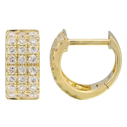 14k Yellow Gold Chunky Triple Row Diamond Huggie Earrings 10mm