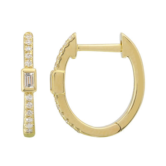 14k Yellow Gold Diamond Baguette Oval Hoop Earrings