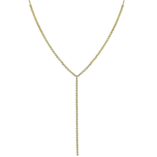 14k Yellow Gold Crown Prong Diamond Tennis Y Lariat Necklace