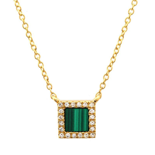 14k Yellow Gold Square Malachite Diamond Halo Necklace