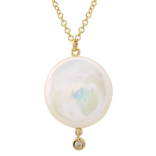 14k Yellow Gold Diamond Coin Pearl Necklace