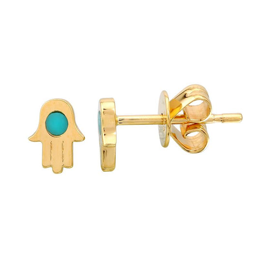 14k Yellow Gold Turquoise Hamsa Stud Earrings