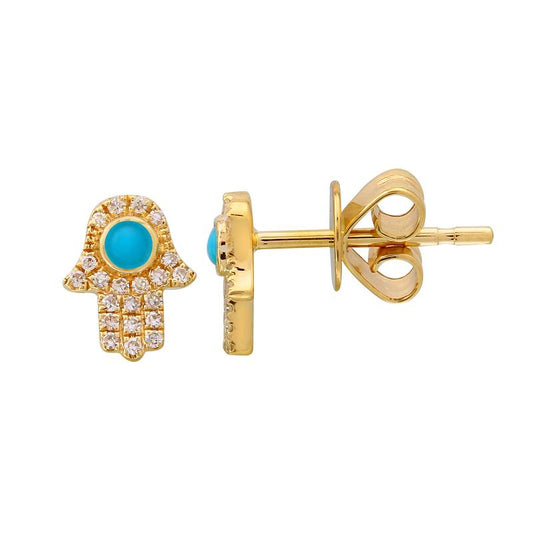 14k Yellow Gold Turquoise Diamond Hamsa Stud Earrings