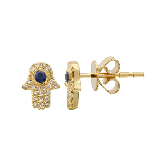 14k Yellow Gold Diamond & Sapphire Hamsa Stud Earrings