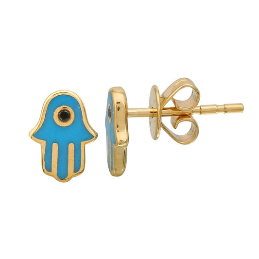 14k Yellow Gold Black Diamond Turqoise Enamel Hamsa Stud Earrings