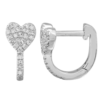 14k White Gold Diamond Heart Huggie Earrings