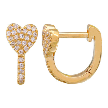 14k Yellow Gold Diamond Heart Huggie Earrings