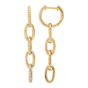 14k Yellow Gold Diamond Link Dangling Huggie Earrings