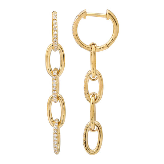 14k Yellow Gold Diamond Link Dangling Huggie Earrings