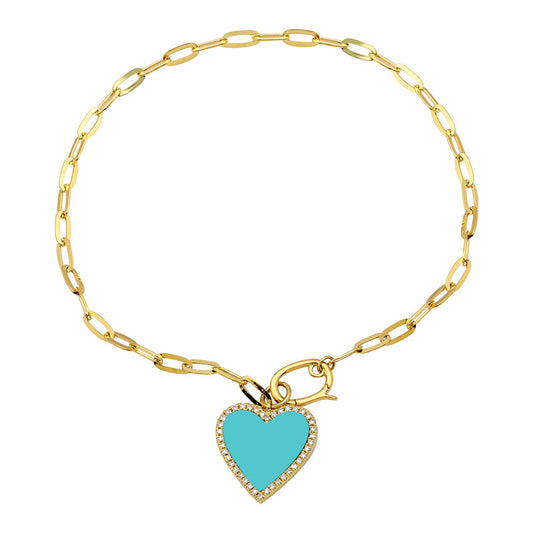 14k Yellow Gold Heart Turquoise Link Bracelet