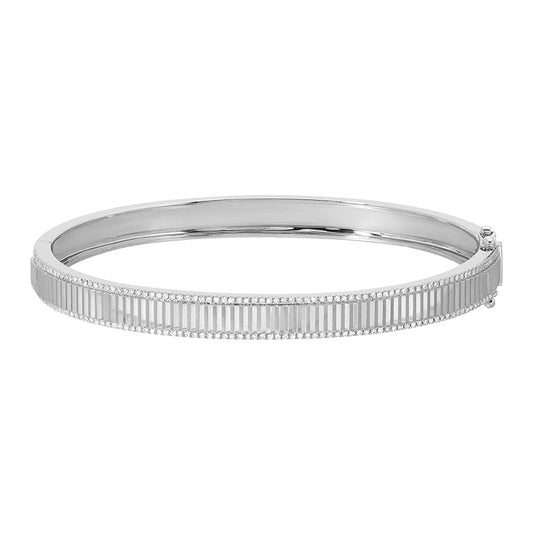 14k White Gold Diamond Border Fluted Bangle