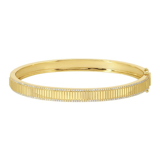 14k Yellow Gold Diamond Border Fluted Bangle