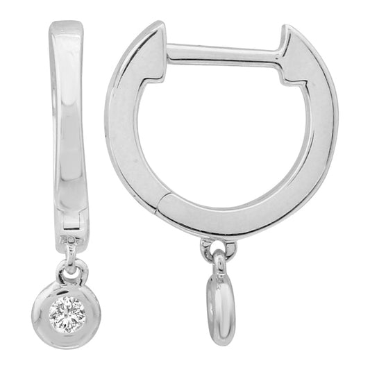 14k White Gold Hanging Bezel Diamond Huggie Earrings