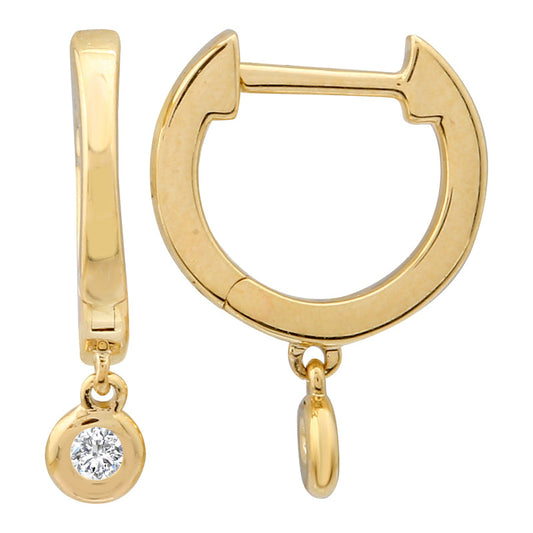 14k Yellow Gold Hanging Bezel Diamond Huggie Earrings