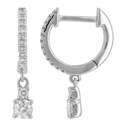 14k White Gold Dangling Diamonds Huggie Earrings