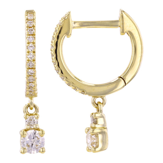 14k Yellow Gold Dangling Diamonds Huggie Earrings