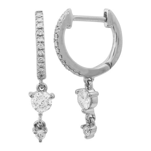 14k White Gold Dangling Diamond Drop Huggie Earrings