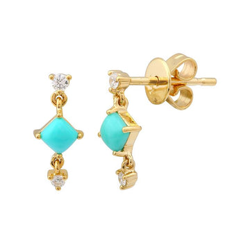 14k Yellow Gold Turquoise Drop Diamond Stud Earrings