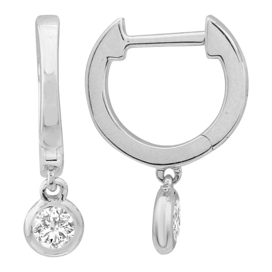 14k White Gold Dangling Bezel Diamond Huggie Earrings