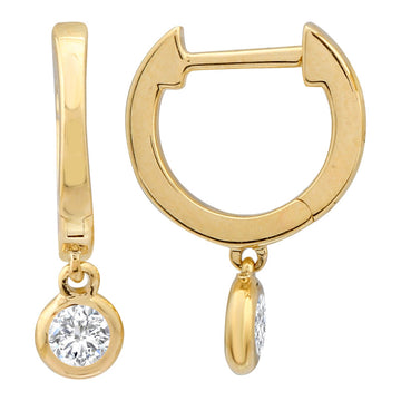 14k Yellow Gold Dangling Bezel Diamond Huggie Earrings