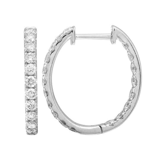 14k White Gold Inside Out Oval Diamond Huggie Earrings 18mm