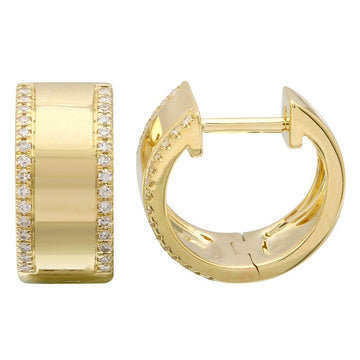 14k Yellow Gold Diamond Border Wide Huggie Earrings