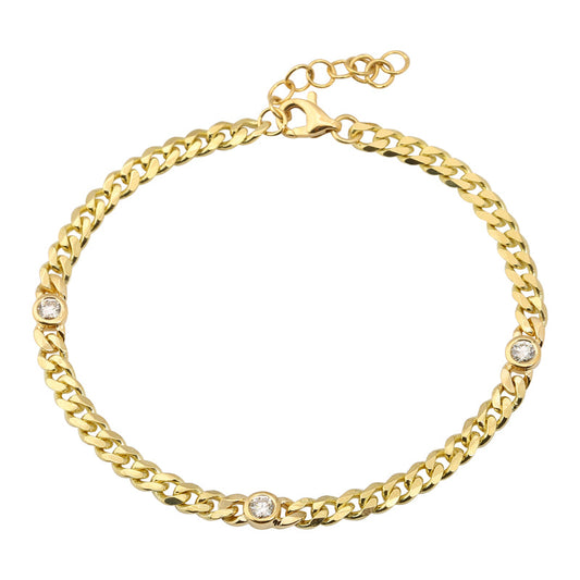 14k Yellow Gold 3 Round Diamond Bezel Cuban Link Bracelet