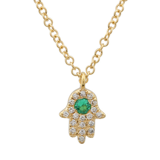 14k Yellow Gold Mini Diamond Hamsa & Emerald Necklace