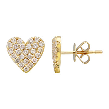 14k Yellow Gold Heart Pave Diamond Stud Earrings 9.5mm