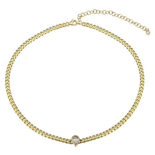 14k Yellow Gold Pear Shape Diamond Bezel Cuban Link Necklace