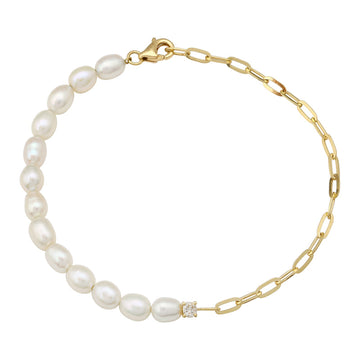 14k Yellow Gold Half Pearl & Link Diamond Bracelet