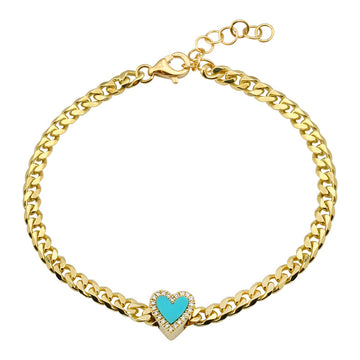 14k Yellow Gold Turquoise Heart Cuban Link Bracelet