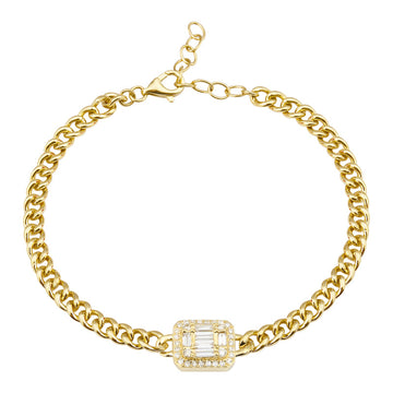 14k Yellow Gold Rectangle Diamond Cluster Link Chain Bracelet