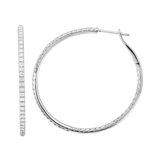 14k White Gold Dainty Inside Out Diamond Hoop Earrings 40mm / 1.75ctw