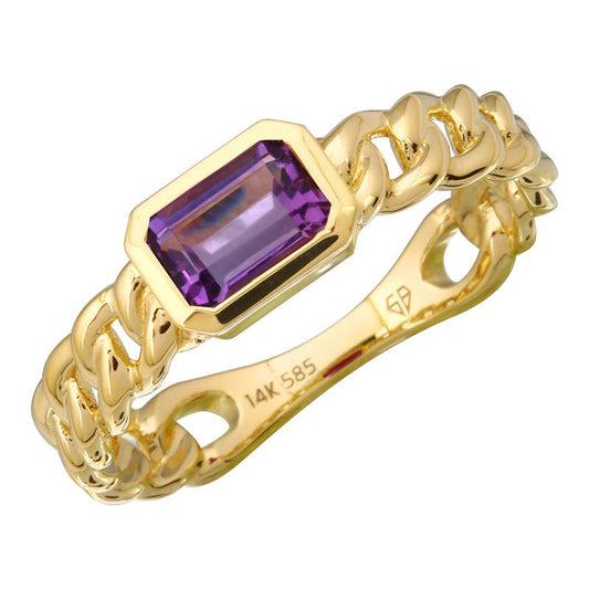 14k Yellow Gold Amethyst Bezel Cuban Link Ring