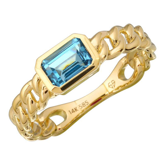 14k Yellow Gold Blue Topaz Bezel Cuban Link Ring