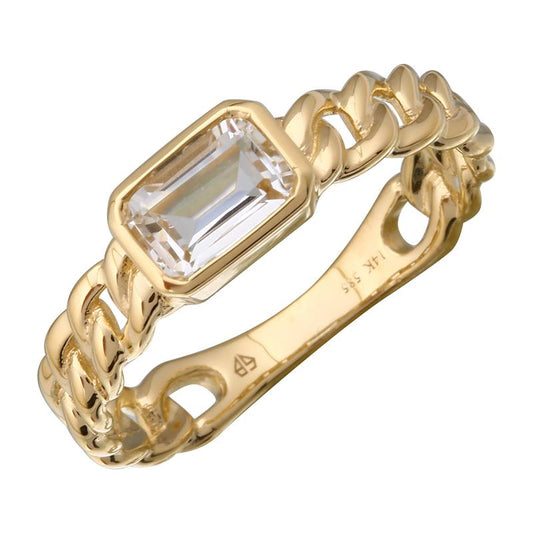 14k Yellow Gold White Topaz Bezel Cuban Link Ring