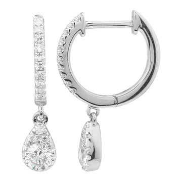 14k White Gold Pear Shape Dangling Diamond Huggie Earrings