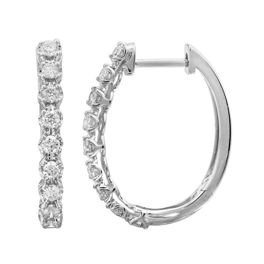 14k White Gold Diamond Oval Hoop Earrings