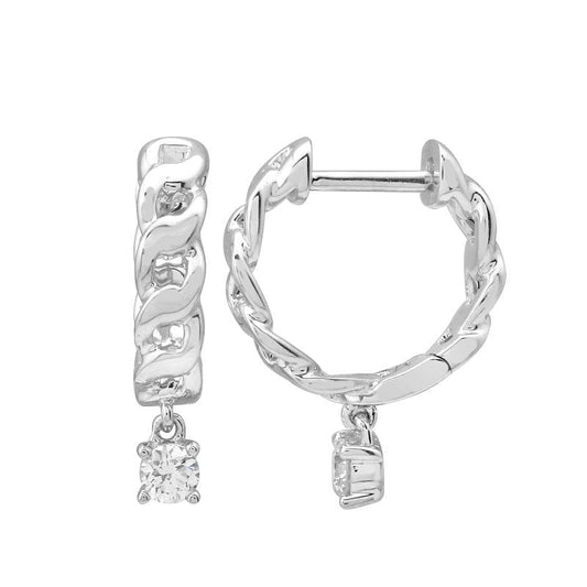 14k White Gold Floating Diamond Link Huggie Earrings