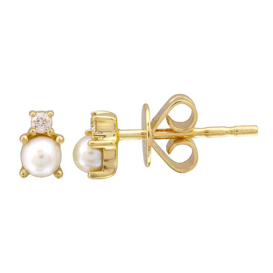 14k Yellow Gold Pearl Diamond Stud Earrings