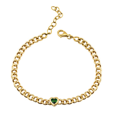 14k Yellow Gold Heart Bezel Emerald Cuban Link Bracelet