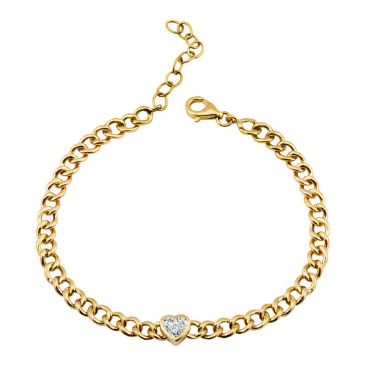 14k Yellow Gold Bezel Set Heart White Topaz Cuban Link Bracelet