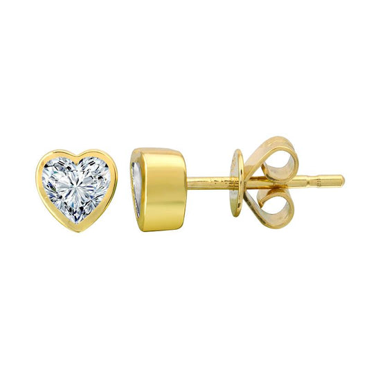 14k Yellow Gold Bezel Set Heart White Topaz Stud Earrings