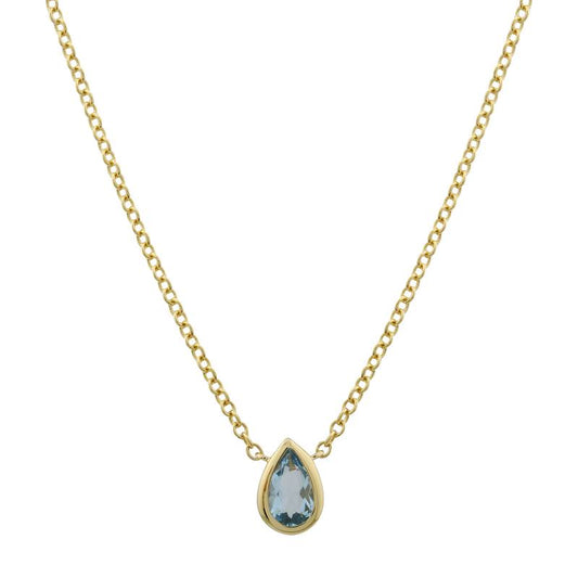 14k Yellow Gold Pear Bezel Blue Topaz Necklace