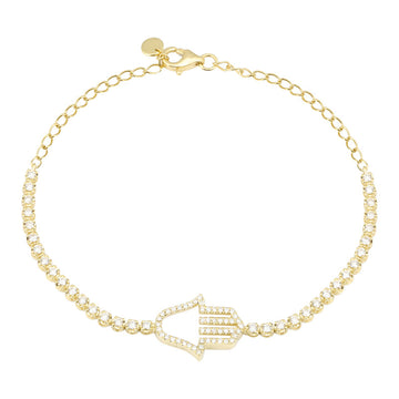 14k Yellow Gold Hamsa Crown Prong Diamond Tennis Chain Bracelet